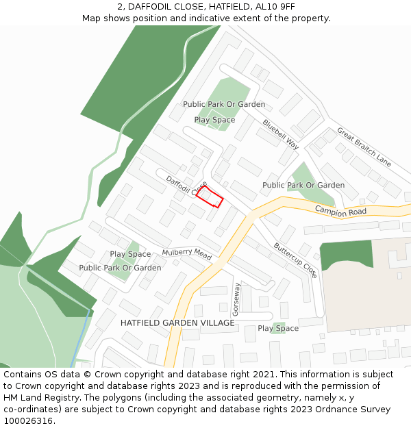 2, DAFFODIL CLOSE, HATFIELD, AL10 9FF: Location map and indicative extent of plot