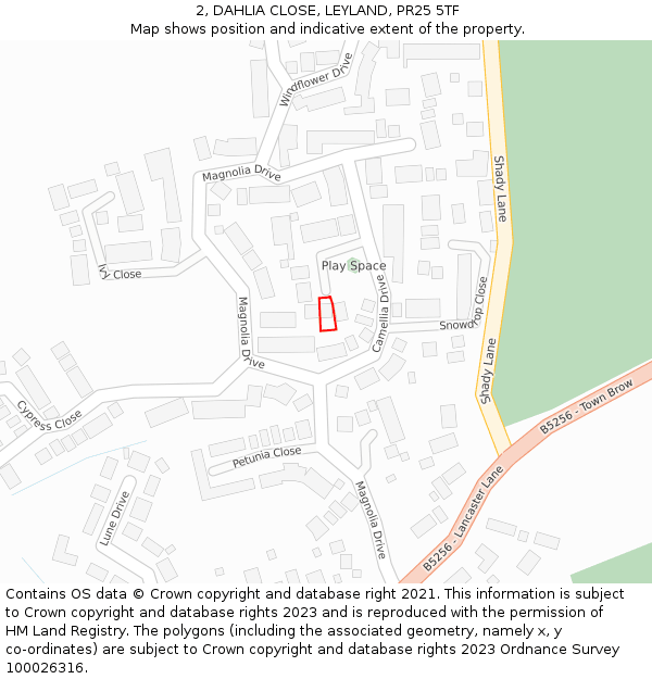 2, DAHLIA CLOSE, LEYLAND, PR25 5TF: Location map and indicative extent of plot