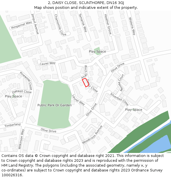 2, DAISY CLOSE, SCUNTHORPE, DN16 3GJ: Location map and indicative extent of plot