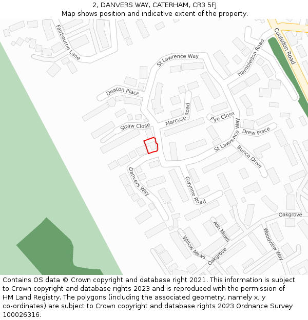 2, DANVERS WAY, CATERHAM, CR3 5FJ: Location map and indicative extent of plot