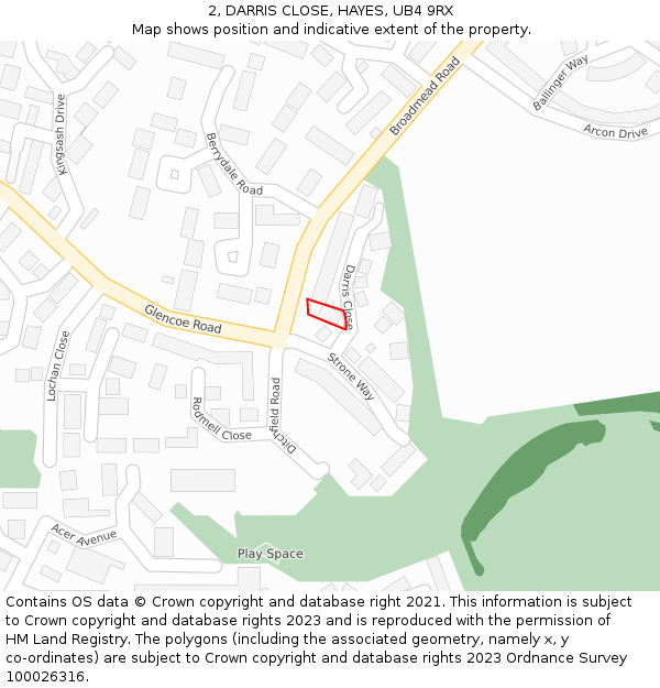 2, DARRIS CLOSE, HAYES, UB4 9RX: Location map and indicative extent of plot