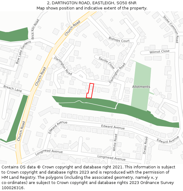 2, DARTINGTON ROAD, EASTLEIGH, SO50 6NR: Location map and indicative extent of plot