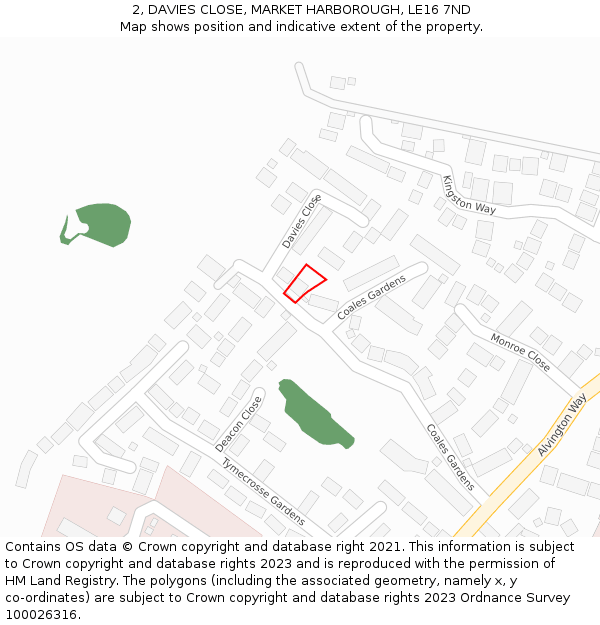 2, DAVIES CLOSE, MARKET HARBOROUGH, LE16 7ND: Location map and indicative extent of plot