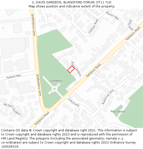 2, DAVIS GARDENS, BLANDFORD FORUM, DT11 7UX: Location map and indicative extent of plot