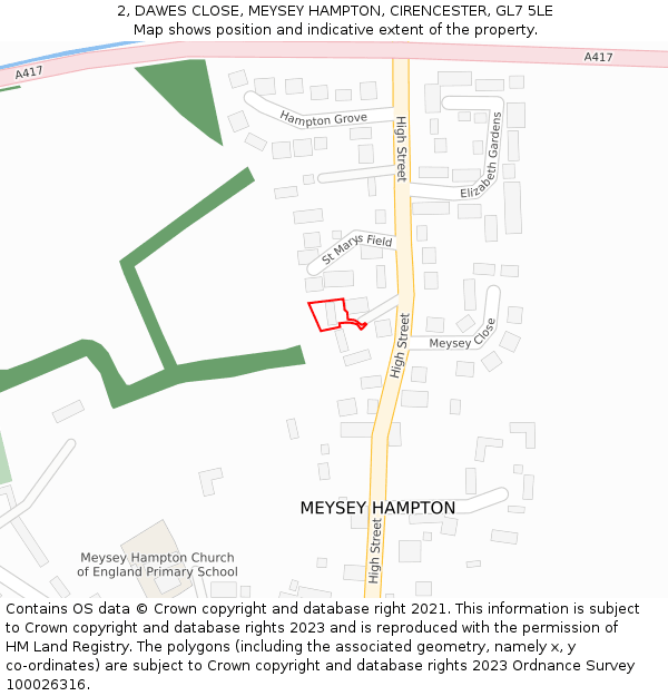 2, DAWES CLOSE, MEYSEY HAMPTON, CIRENCESTER, GL7 5LE: Location map and indicative extent of plot