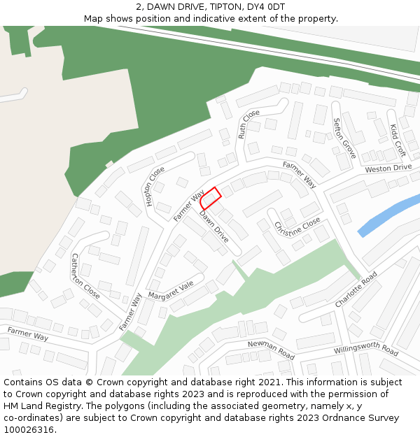 2, DAWN DRIVE, TIPTON, DY4 0DT: Location map and indicative extent of plot