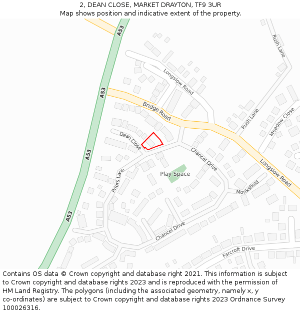 2, DEAN CLOSE, MARKET DRAYTON, TF9 3UR: Location map and indicative extent of plot