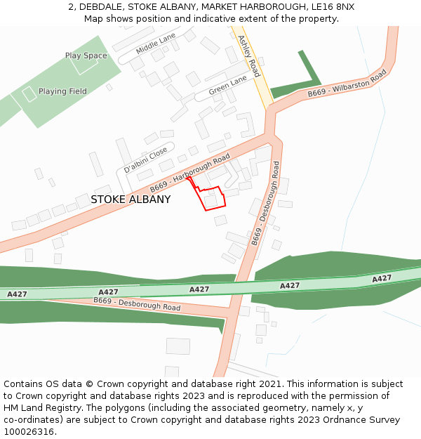 2, DEBDALE, STOKE ALBANY, MARKET HARBOROUGH, LE16 8NX: Location map and indicative extent of plot