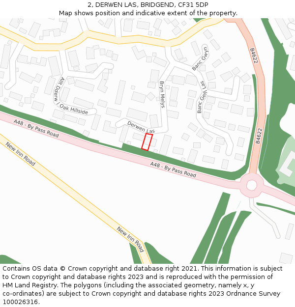 2, DERWEN LAS, BRIDGEND, CF31 5DP: Location map and indicative extent of plot