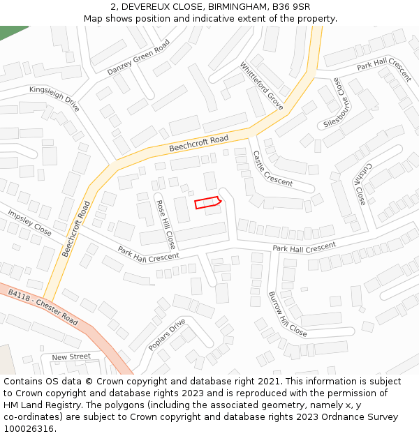 2, DEVEREUX CLOSE, BIRMINGHAM, B36 9SR: Location map and indicative extent of plot