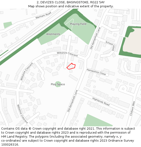 2, DEVIZES CLOSE, BASINGSTOKE, RG22 5AY: Location map and indicative extent of plot