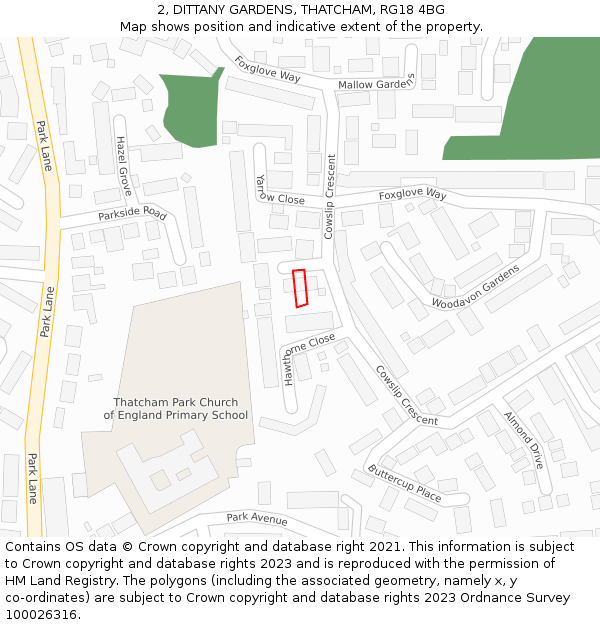 2, DITTANY GARDENS, THATCHAM, RG18 4BG: Location map and indicative extent of plot