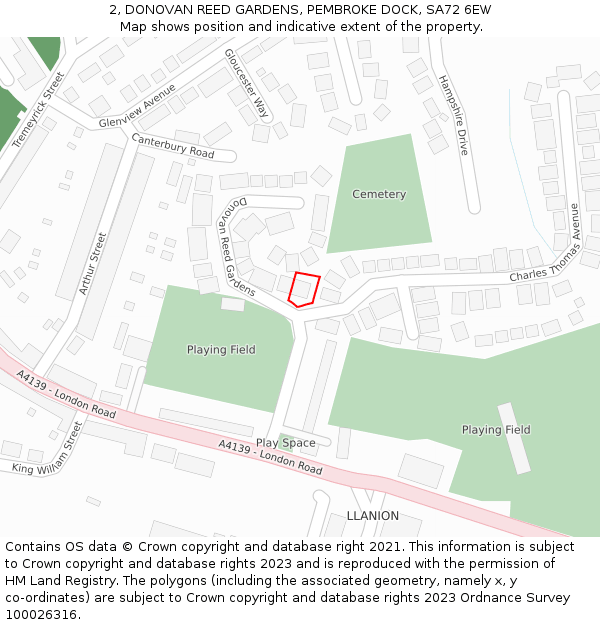 2, DONOVAN REED GARDENS, PEMBROKE DOCK, SA72 6EW: Location map and indicative extent of plot