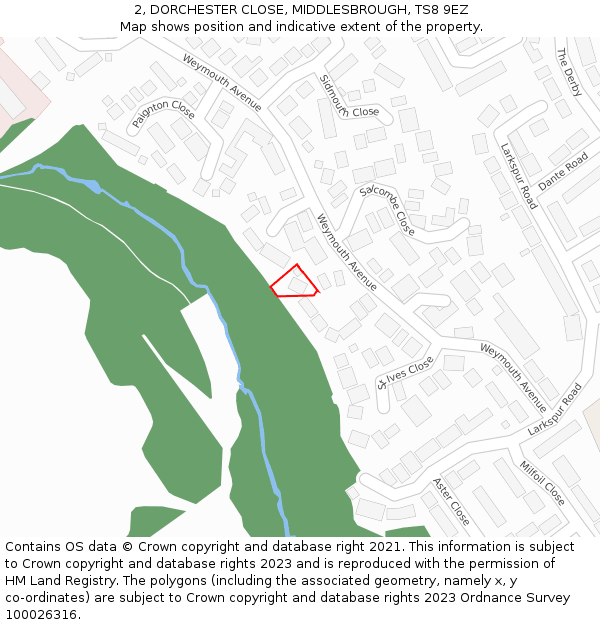 2, DORCHESTER CLOSE, MIDDLESBROUGH, TS8 9EZ: Location map and indicative extent of plot