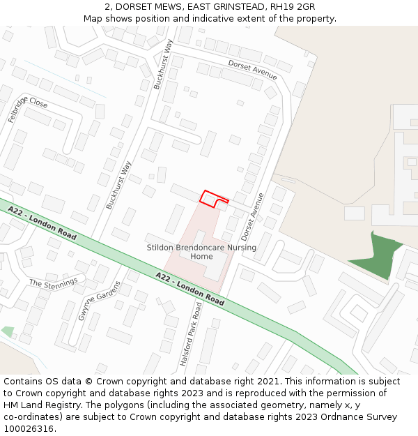 2, DORSET MEWS, EAST GRINSTEAD, RH19 2GR: Location map and indicative extent of plot