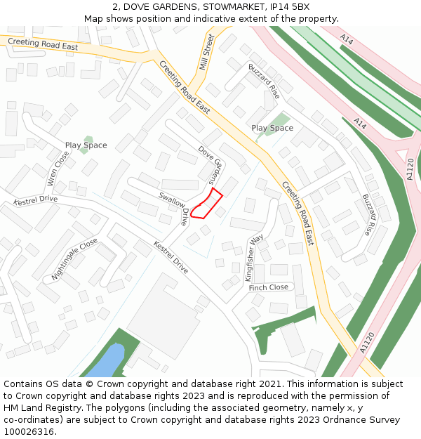 2, DOVE GARDENS, STOWMARKET, IP14 5BX: Location map and indicative extent of plot