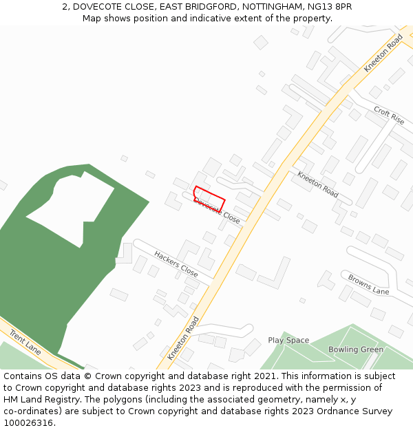 2, DOVECOTE CLOSE, EAST BRIDGFORD, NOTTINGHAM, NG13 8PR: Location map and indicative extent of plot