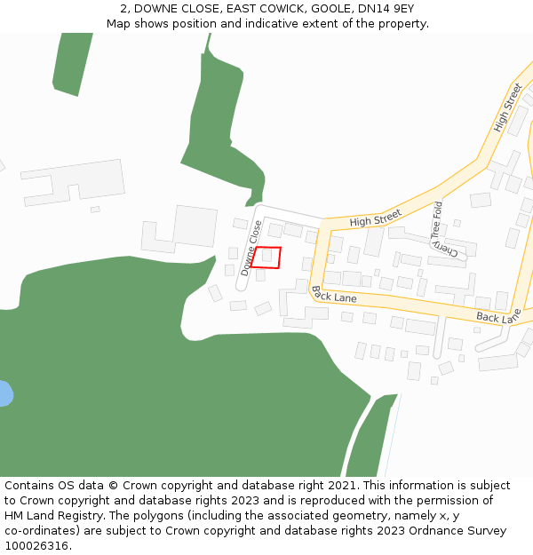 2, DOWNE CLOSE, EAST COWICK, GOOLE, DN14 9EY: Location map and indicative extent of plot