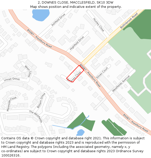 2, DOWNES CLOSE, MACCLESFIELD, SK10 3DW: Location map and indicative extent of plot