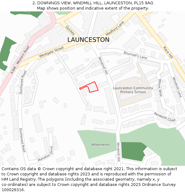 2, DOWNINGS VIEW, WINDMILL HILL, LAUNCESTON, PL15 9AG: Location map and indicative extent of plot