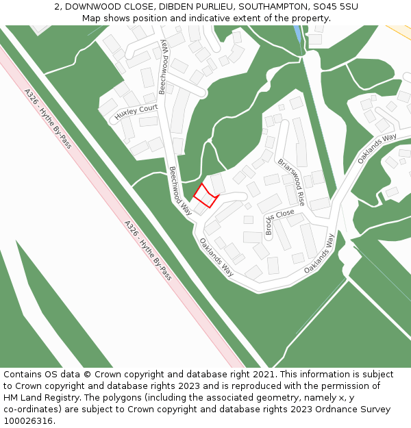 2, DOWNWOOD CLOSE, DIBDEN PURLIEU, SOUTHAMPTON, SO45 5SU: Location map and indicative extent of plot
