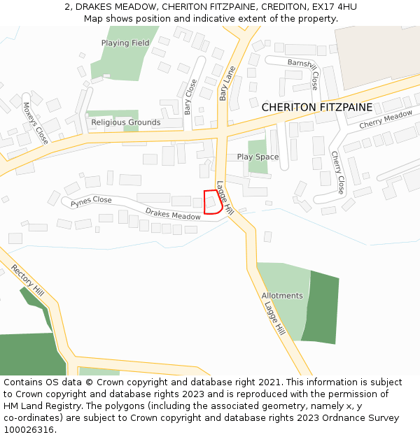 2, DRAKES MEADOW, CHERITON FITZPAINE, CREDITON, EX17 4HU: Location map and indicative extent of plot