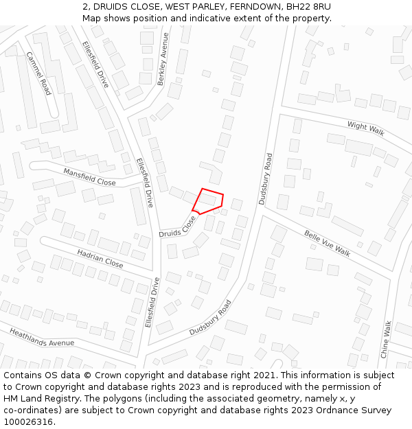 2, DRUIDS CLOSE, WEST PARLEY, FERNDOWN, BH22 8RU: Location map and indicative extent of plot