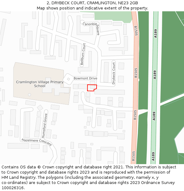 2, DRYBECK COURT, CRAMLINGTON, NE23 2GB: Location map and indicative extent of plot