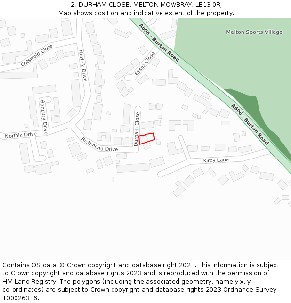 2, DURHAM CLOSE, MELTON MOWBRAY, LE13 0RJ: Location map and indicative extent of plot