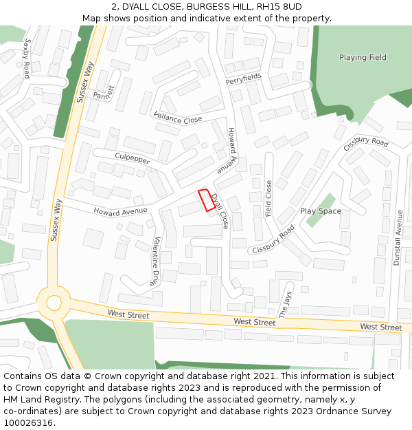 2, DYALL CLOSE, BURGESS HILL, RH15 8UD: Location map and indicative extent of plot