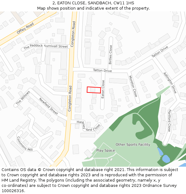 2, EATON CLOSE, SANDBACH, CW11 1HS: Location map and indicative extent of plot