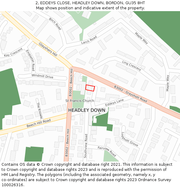 2, EDDEYS CLOSE, HEADLEY DOWN, BORDON, GU35 8HT: Location map and indicative extent of plot