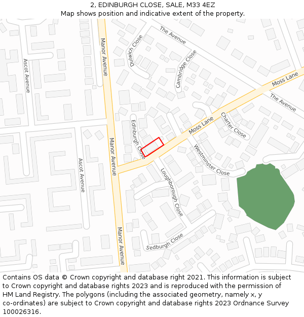 2, EDINBURGH CLOSE, SALE, M33 4EZ: Location map and indicative extent of plot