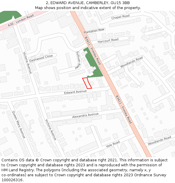 2, EDWARD AVENUE, CAMBERLEY, GU15 3BB: Location map and indicative extent of plot