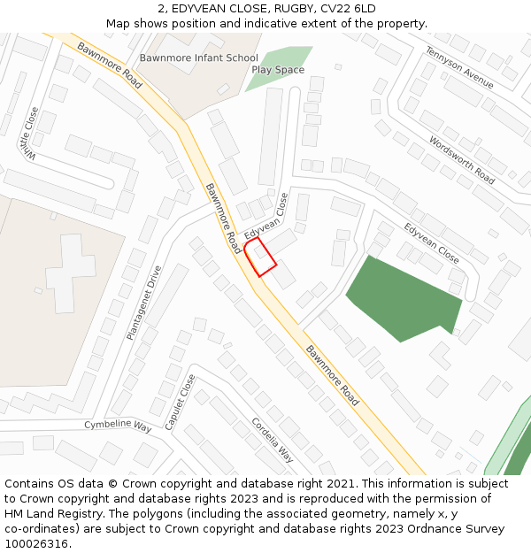 2, EDYVEAN CLOSE, RUGBY, CV22 6LD: Location map and indicative extent of plot