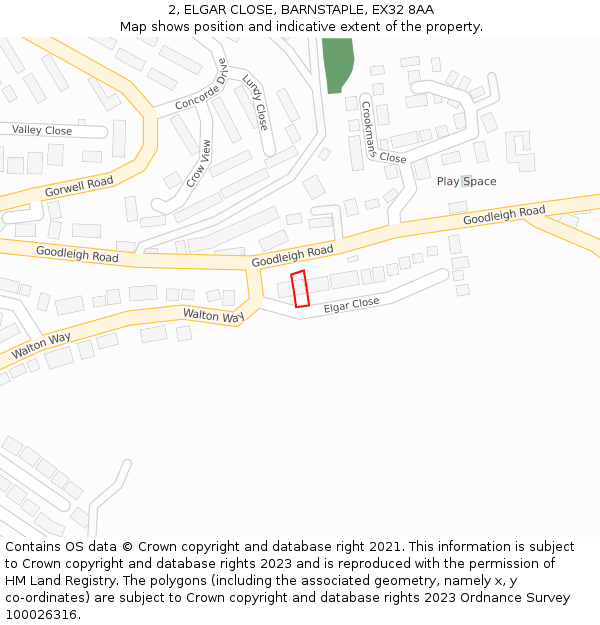 2, ELGAR CLOSE, BARNSTAPLE, EX32 8AA: Location map and indicative extent of plot