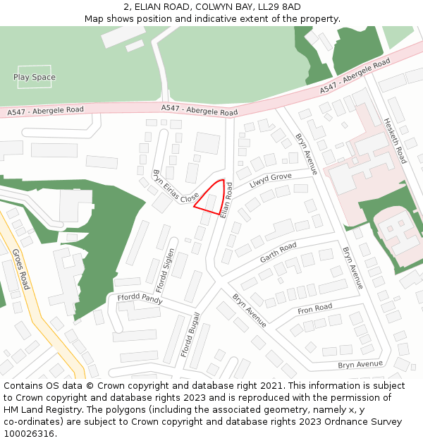 2, ELIAN ROAD, COLWYN BAY, LL29 8AD: Location map and indicative extent of plot