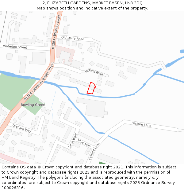 2, ELIZABETH GARDENS, MARKET RASEN, LN8 3DQ: Location map and indicative extent of plot