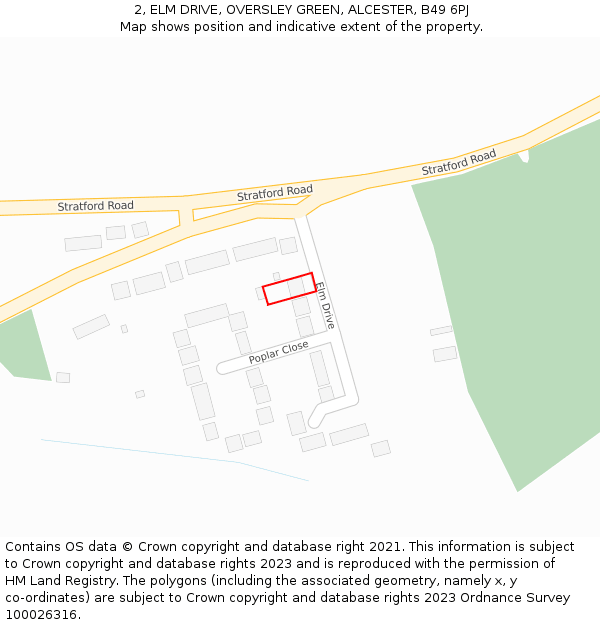 2, ELM DRIVE, OVERSLEY GREEN, ALCESTER, B49 6PJ: Location map and indicative extent of plot