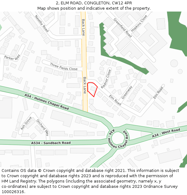 2, ELM ROAD, CONGLETON, CW12 4PR: Location map and indicative extent of plot