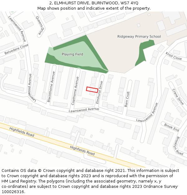 2, ELMHURST DRIVE, BURNTWOOD, WS7 4YQ: Location map and indicative extent of plot