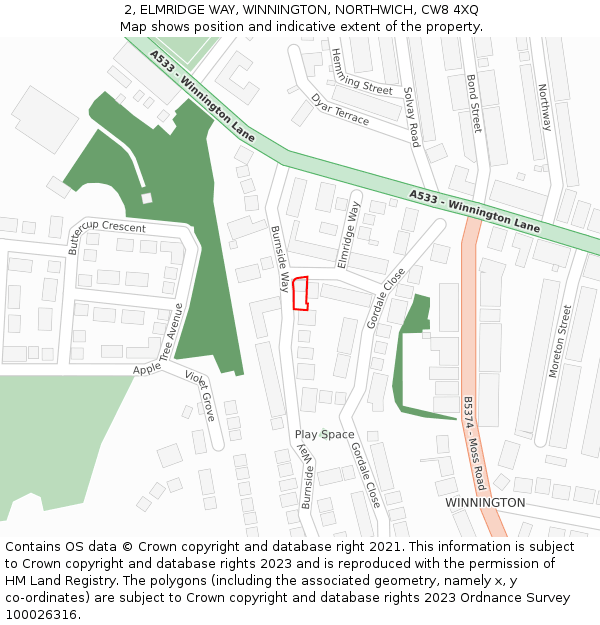 2, ELMRIDGE WAY, WINNINGTON, NORTHWICH, CW8 4XQ: Location map and indicative extent of plot