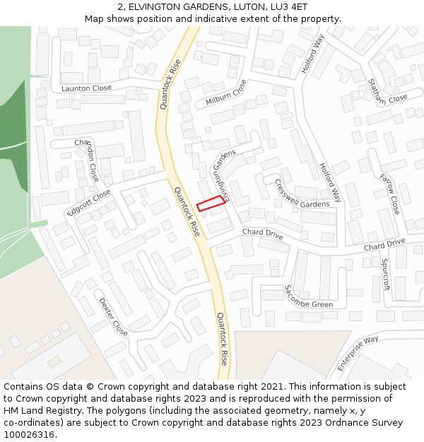 2, ELVINGTON GARDENS, LUTON, LU3 4ET: Location map and indicative extent of plot