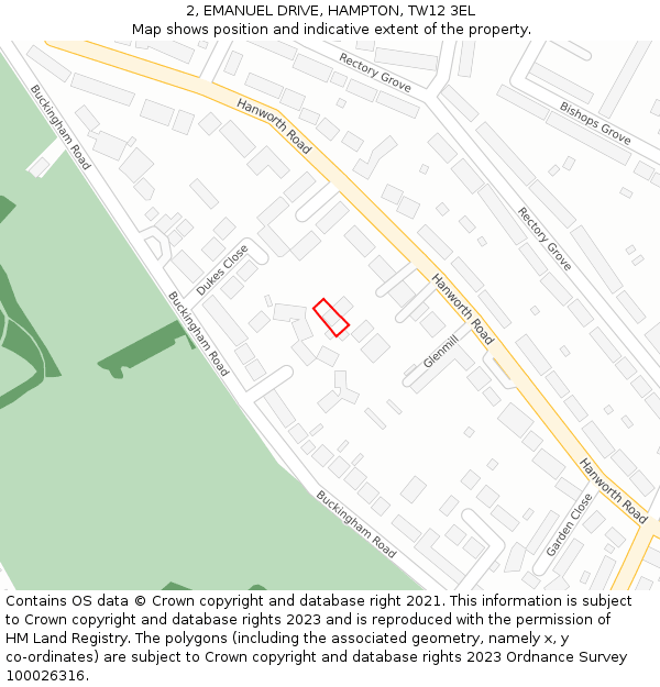 2, EMANUEL DRIVE, HAMPTON, TW12 3EL: Location map and indicative extent of plot