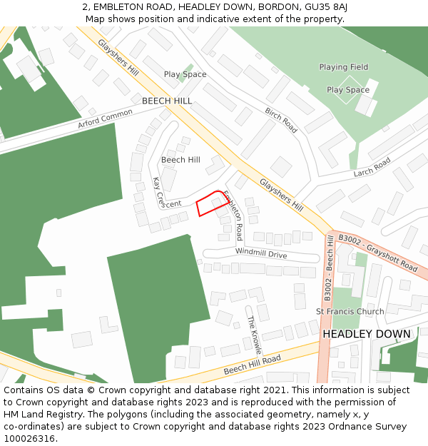 2, EMBLETON ROAD, HEADLEY DOWN, BORDON, GU35 8AJ: Location map and indicative extent of plot