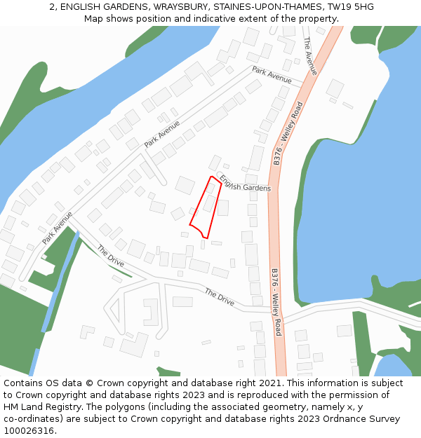 2, ENGLISH GARDENS, WRAYSBURY, STAINES-UPON-THAMES, TW19 5HG: Location map and indicative extent of plot