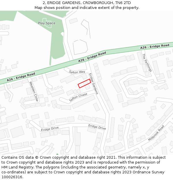 2, ERIDGE GARDENS, CROWBOROUGH, TN6 2TD: Location map and indicative extent of plot