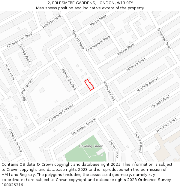 2, ERLESMERE GARDENS, LONDON, W13 9TY: Location map and indicative extent of plot