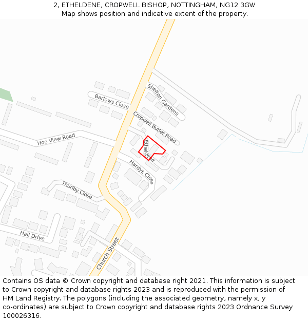 2, ETHELDENE, CROPWELL BISHOP, NOTTINGHAM, NG12 3GW: Location map and indicative extent of plot