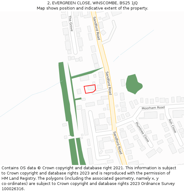 2, EVERGREEN CLOSE, WINSCOMBE, BS25 1JQ: Location map and indicative extent of plot